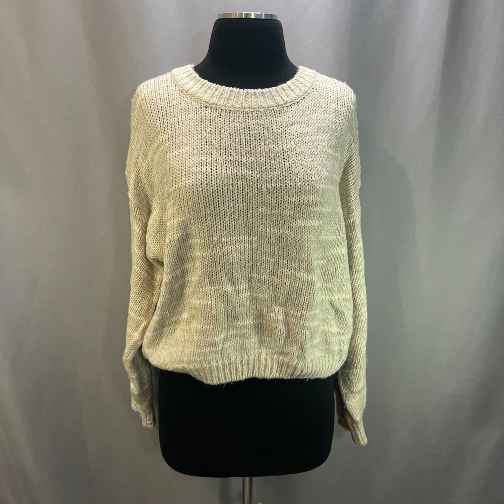 Cocovive Pullover Sweater Women L Beige Tight Knit Relaxed Crew Neck Ribbed Trim